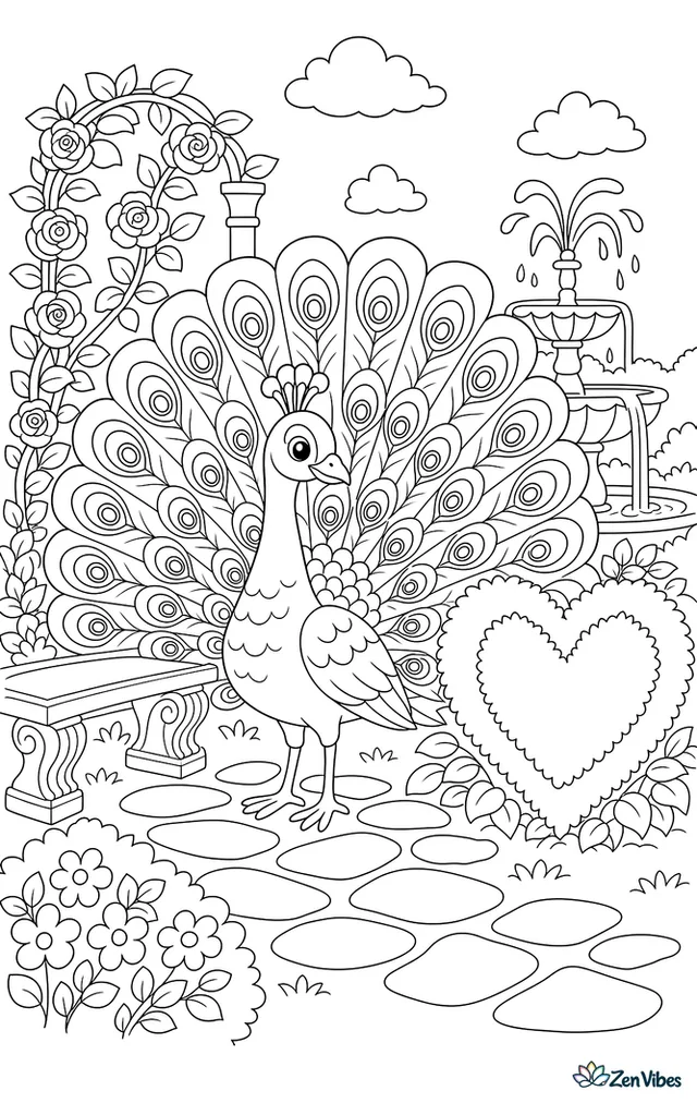 A peacock fans its tail in a formal garden beside a heart-shaped hedge, marble bench, climbing roses, fountain sprays, and patterned stepping stones.