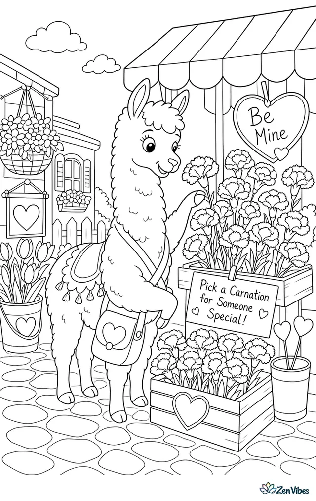 A llama stands at a village flower market choosing carnations, surrounded by striped stalls, hanging baskets, crates of blooms, cobblestones, and handwritten valentine signs.