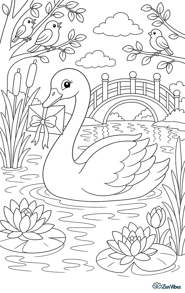 A mute swan glides across a lake carrying a ribbon-tied letter, with reeds, lotus blossoms, arched bridge reflections, and songbirds perched in nearby trees.