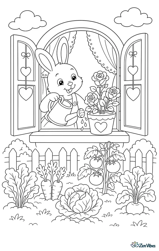 A rabbit waters potted roses on a cottage windowsill, while lace curtains flutter, heart ornaments hang from the frame, and a vegetable garden spreads below.