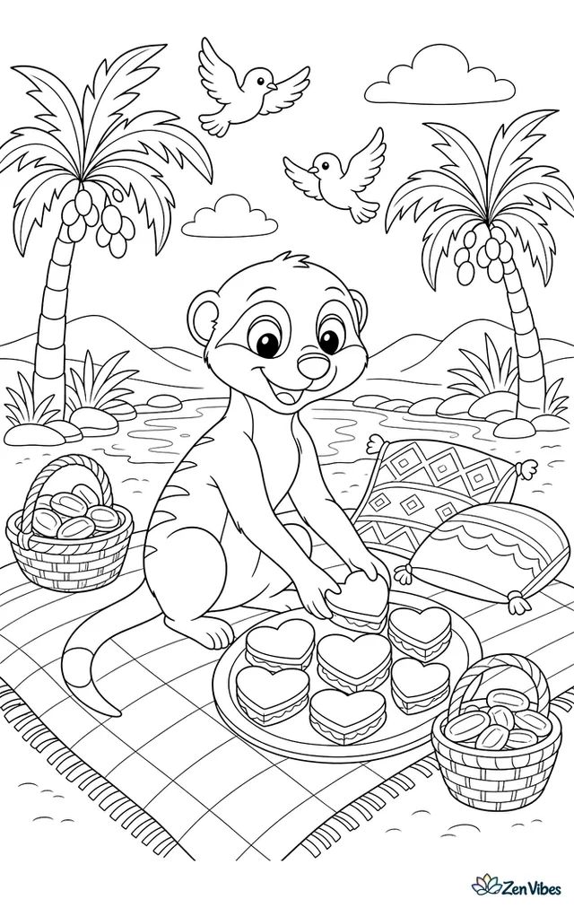 A meerkat arranges heart sandwiches on a picnic blanket in the desert oasis, with palm trees, date baskets, patterned cushions, and friendly doves overhead.