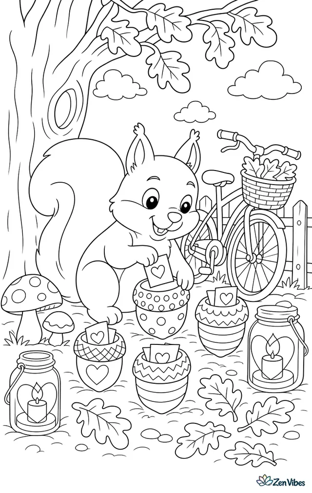 A squirrel tucks tiny valentine notes into painted acorn caps beneath an oak tree, surrounded by mushrooms, fallen leaves, lantern jars, and a bicycle leaning nearby.