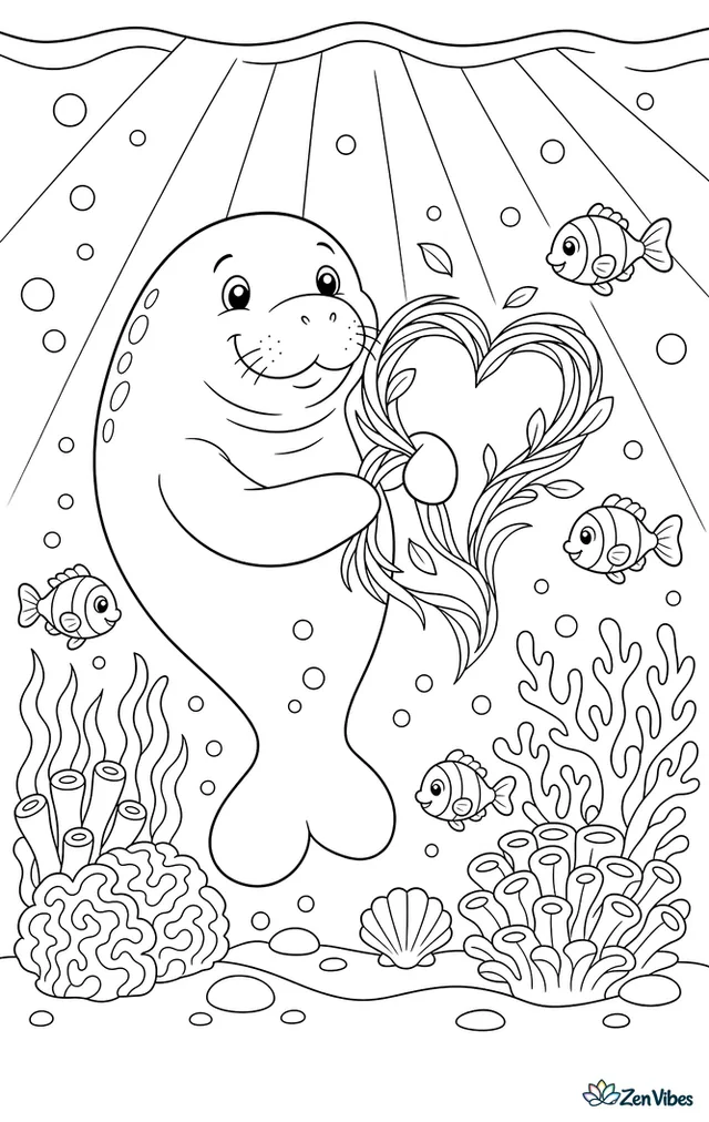 A manatee shapes a heart from drifting seagrass underwater, while small fish weave through coral, bubbles rise, and sunbeams filter down from the surface.