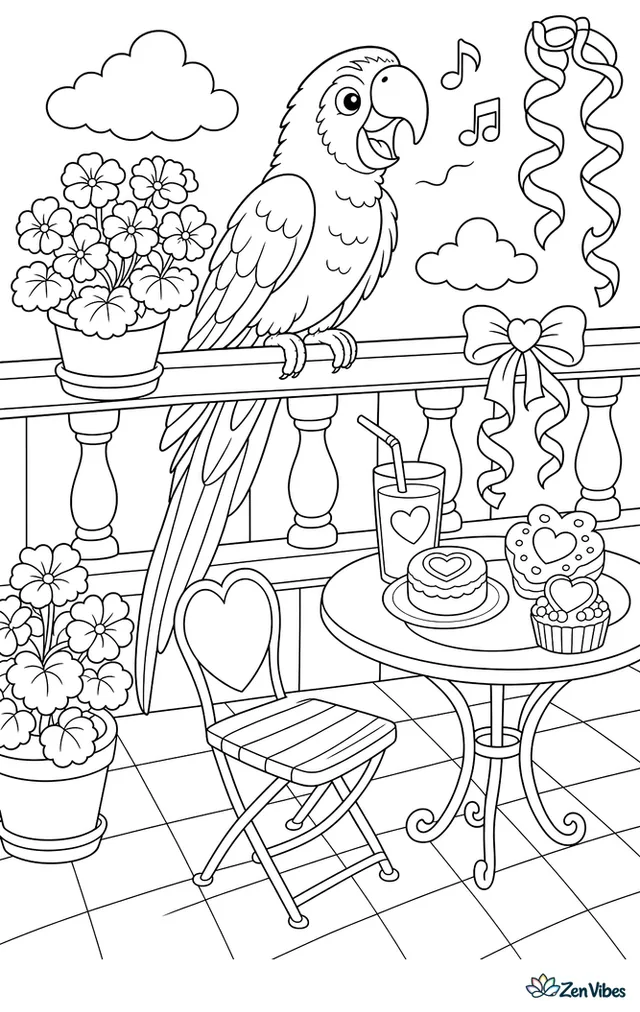 A scarlet macaw sings from a balcony rail beside potted geraniums, curling ribbons, tiled flooring, and a café table set with juice and Valentine pastries.