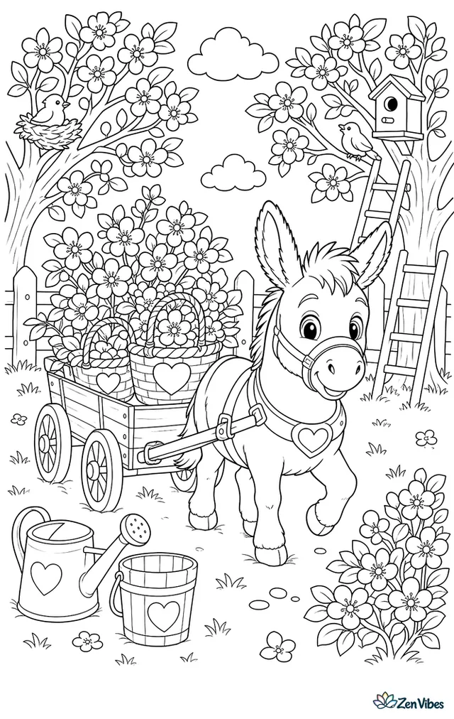 A miniature donkey pulls a wagon loaded with apple blossoms and heart baskets through an orchard, where ladders, watering cans, and nesting birds create a busy spring scene.
