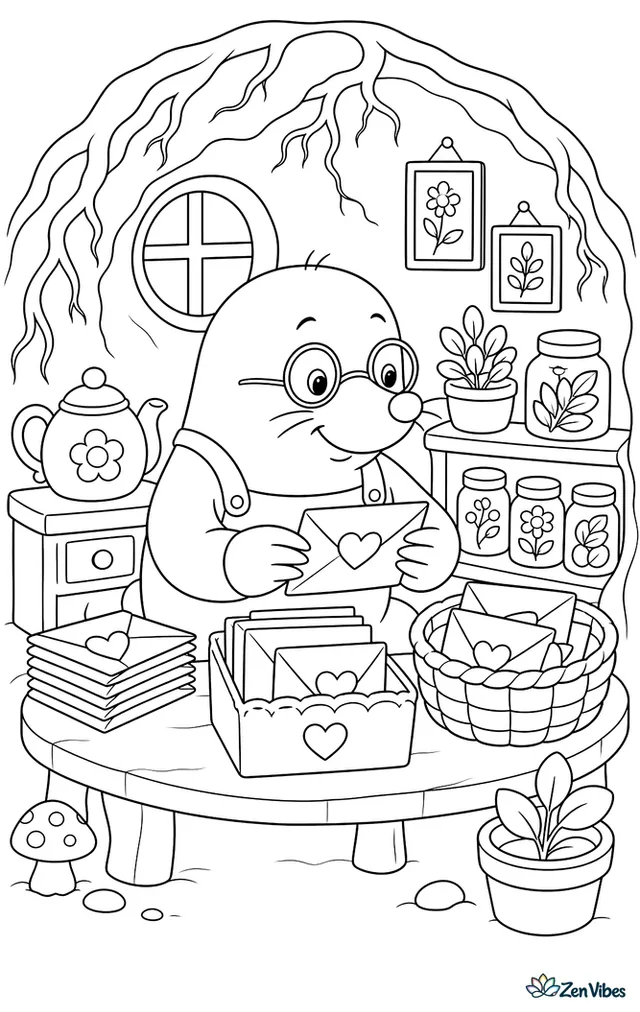A mole sorts Valentine envelopes in a cozy underground tunnel room, with root arches overhead, shelves of jars, a teapot, and tiny framed botanical sketches.