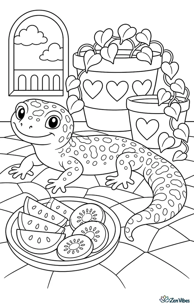 A leopard gecko lounges on a warm terrace beside terracotta pots painted with hearts, trailing vines, mosaic tiles, and a tray of sliced fruit.
