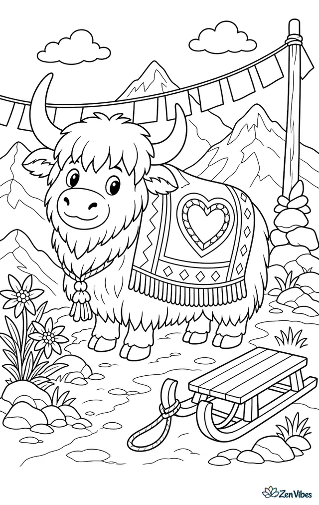 A shaggy yak wears a woven heart blanket while standing on a mountain path, with prayer-flag shapes, alpine flowers, rocky peaks, and a wooden sled nearby.