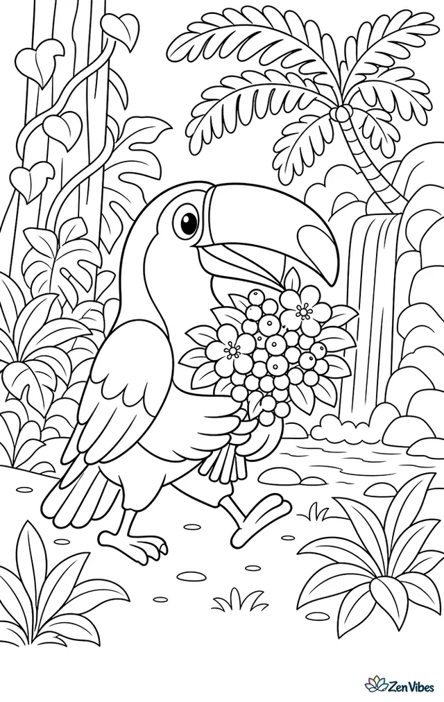 A toucan carries a bouquet made of berries and blossoms through a rainforest clearing, where broad leaves, tree ferns, vines, and a small waterfall fill the background.