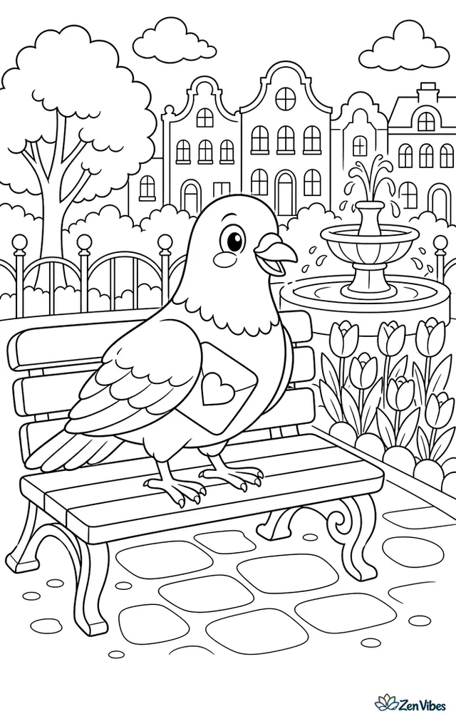 A pigeon lands on a park bench with a valentine tucked under its wing, near a fountain, tulip beds, iron railings, and a skyline of cheerful townhouses.