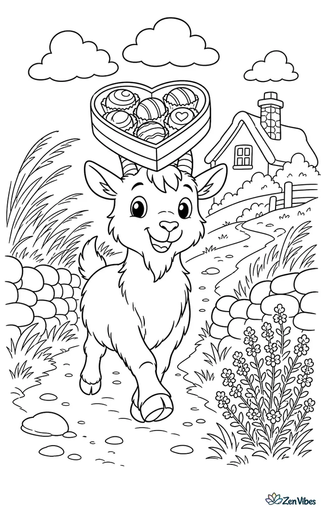 A pygmy goat balances a heart-shaped box of chocolates on a hillside trail, with wild thyme, stone walls, windblown grass, and a cottage chimney in view.