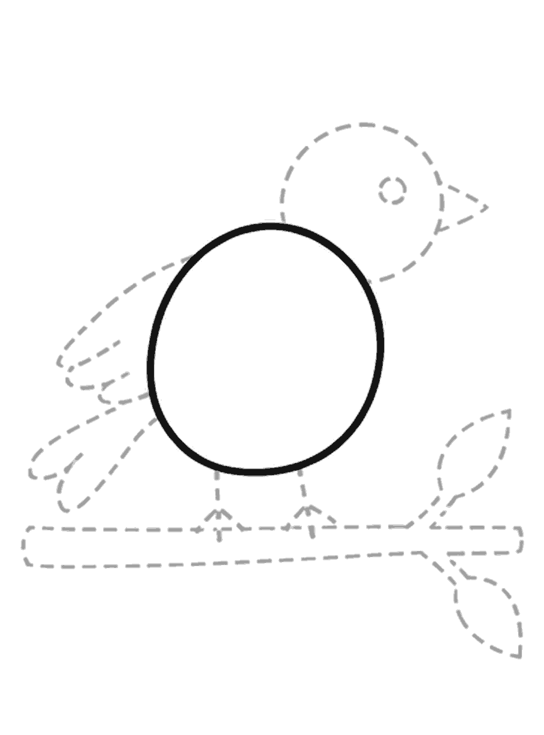 A large black egg-shaped body is drawn in the center, with pale dotted guides for the head, tail, branch, feet, and leaves around it.