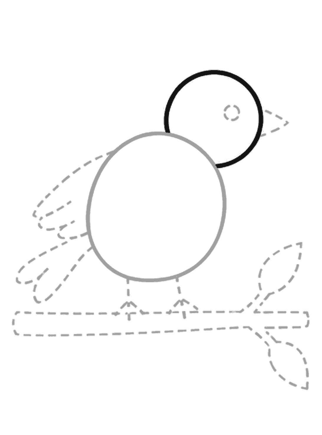 A round black head is added above and to the right of the body, while the body and other guides stay pale grey.