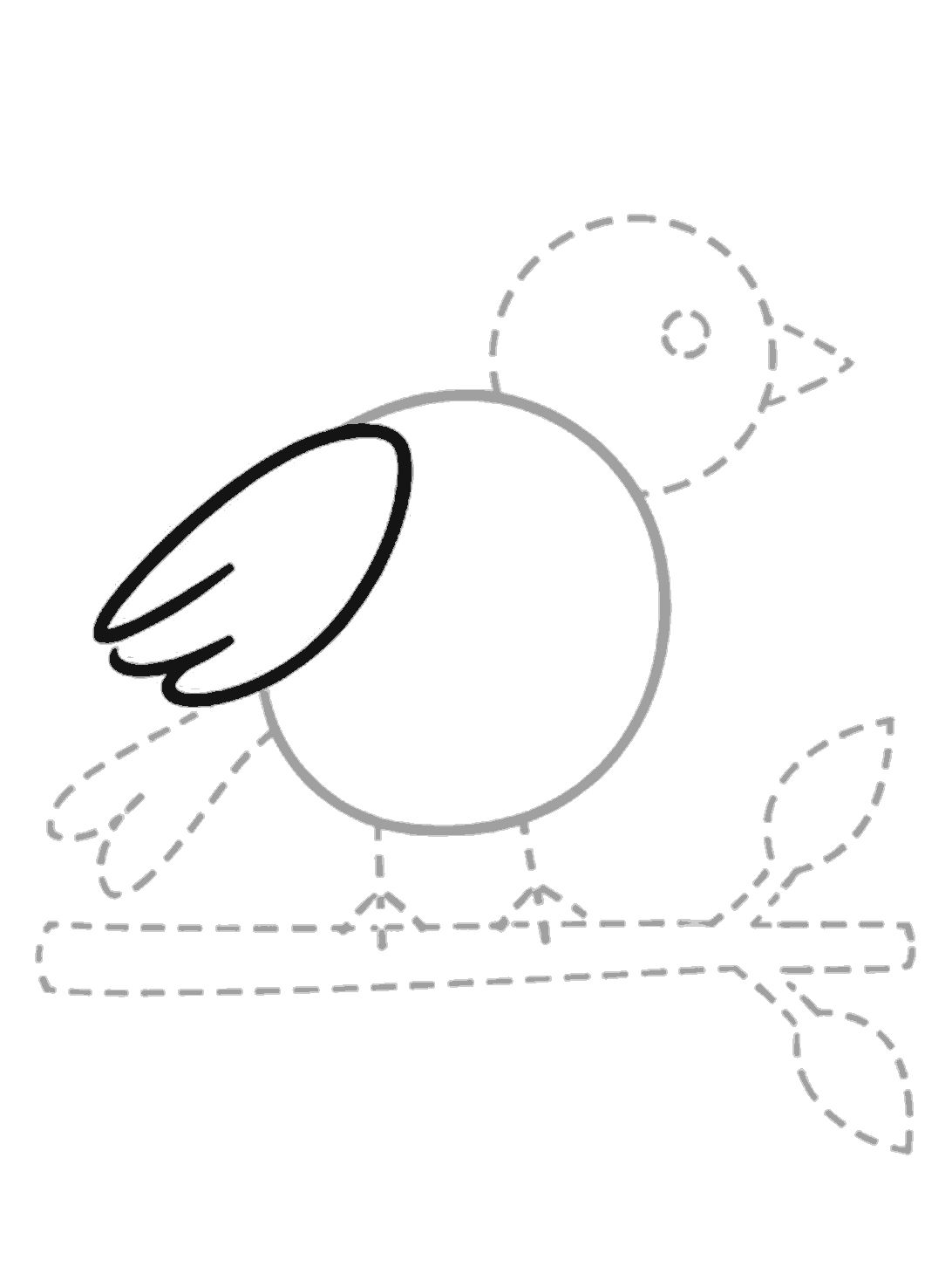 A black wing with two feather lines is drawn on the left side of the grey body, with the head and other parts still shown as guides.