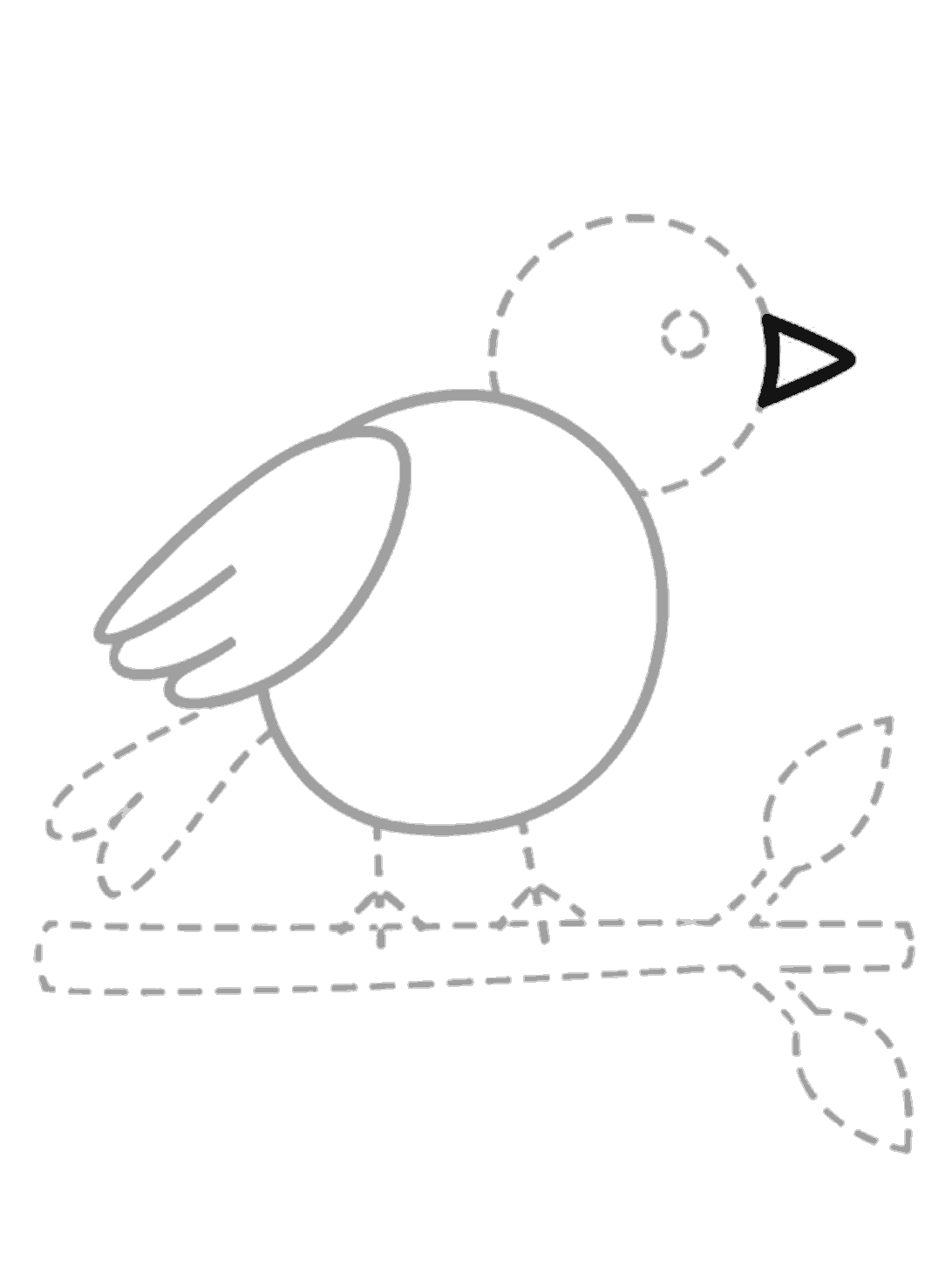 A black triangular beak is added to the right side of the pale grey head, while the wing and body remain from earlier steps.