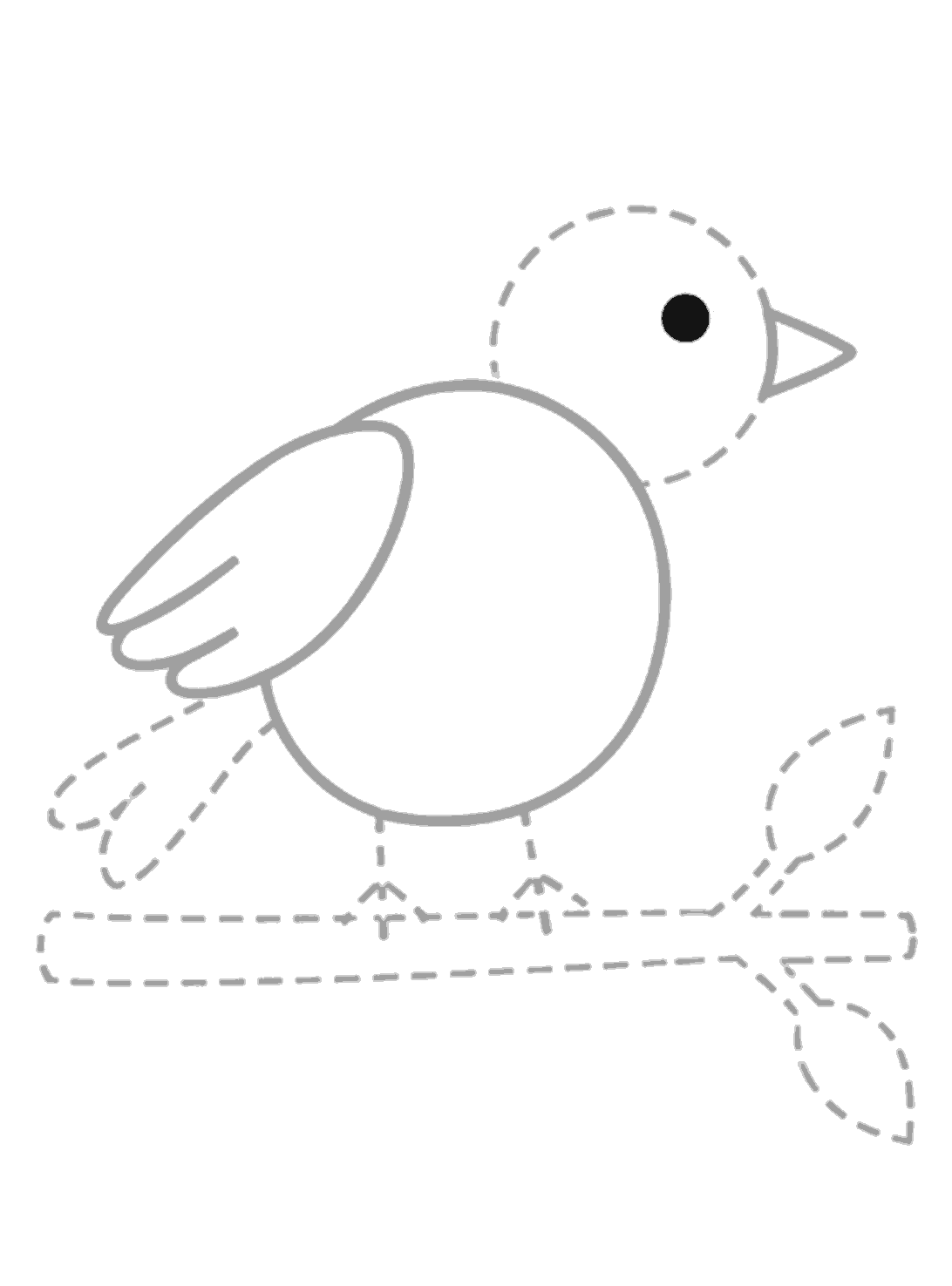 A solid black eye is added inside the pale grey head, with the beak, wing, and body already in place.