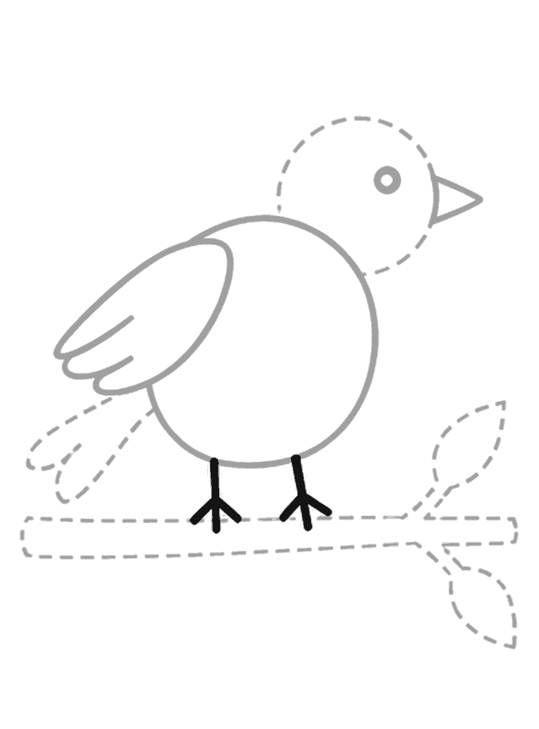 Two black legs and three-toed feet are drawn under the body, reaching down toward the dotted branch guide.