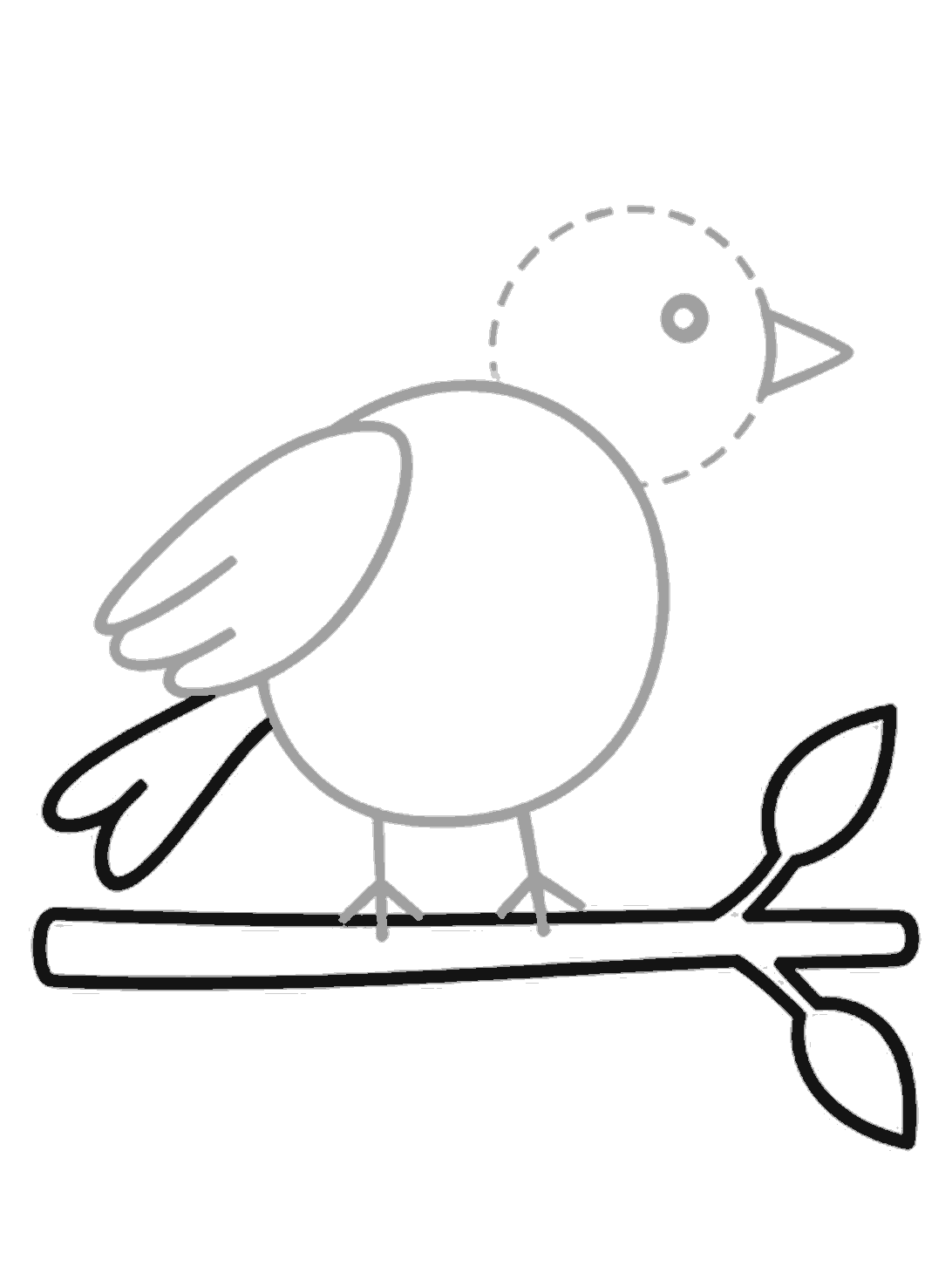 Two black tail feathers are added behind the bird, and a thick branch with a fork and two leaves is drawn underneath.