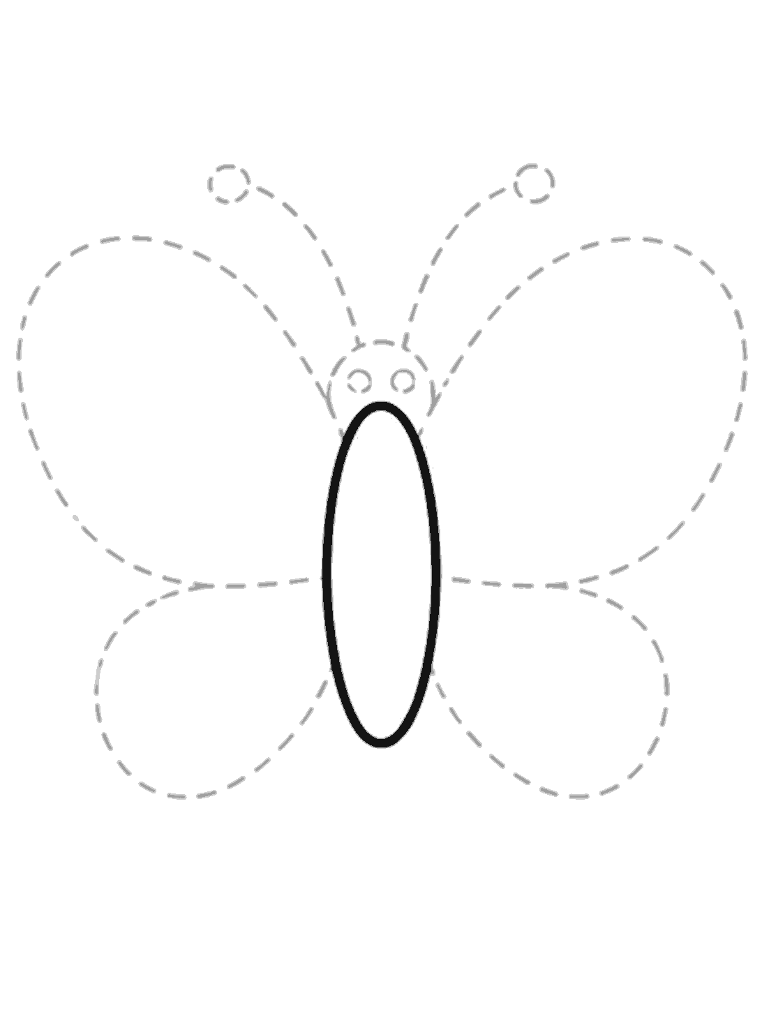 A long upright oval is drawn in black in the center. Pale dotted guide shapes show four wings, a small head, and two feelers around it.