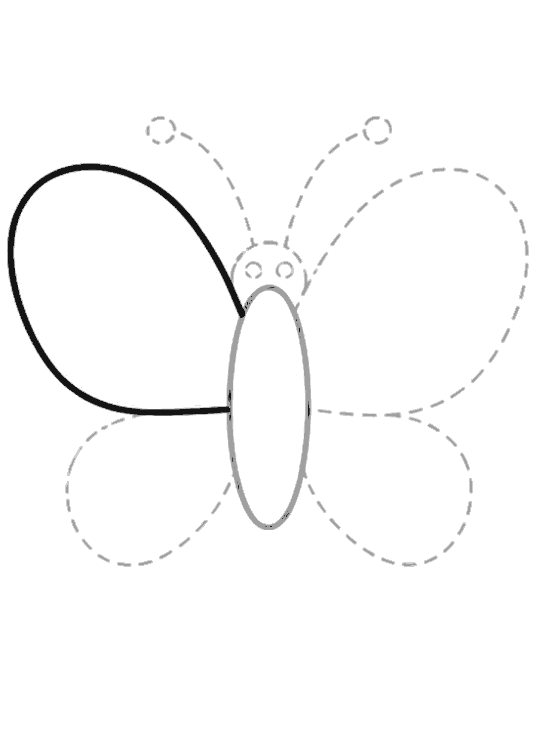 The center body is already drawn in grey. A large rounded wing on the upper left is added in black, while the other wings and head guides are still dotted.