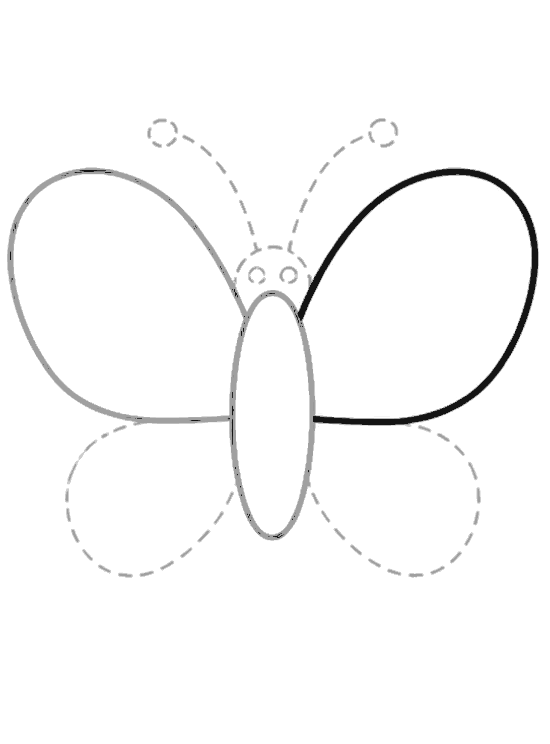 Both top wing guides are visible, but only the upper right wing is being traced in black. The left top wing and body are grey from earlier steps.