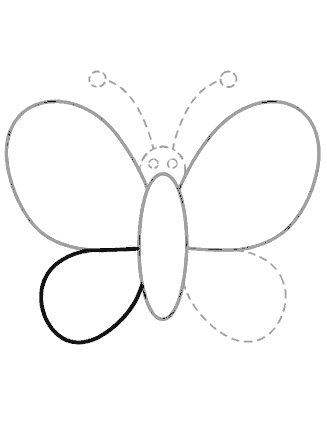 The lower left wing is added in black as a rounded teardrop shape. The two top wings and body are grey, and the lower right wing is still dotted.