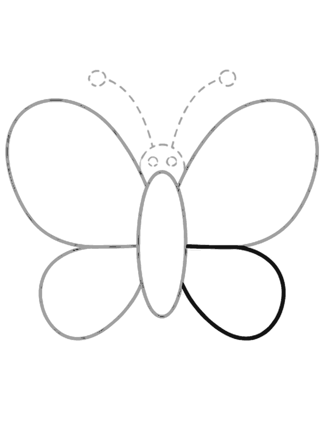 The lower right wing is drawn in black. The rest of the butterfly shape is already there in grey, with dotted feeler guides above the head.