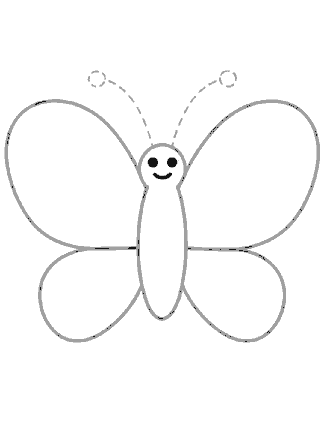 A simple face is added in black on the round head area, with two dark eyes and a curved smile. The wing shapes and body are shown in grey.