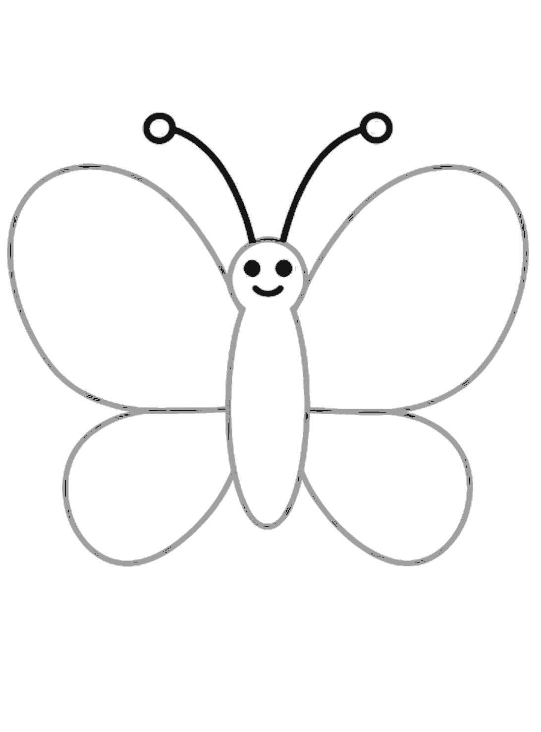 Two curved antennae are drawn in black, each ending in a small circle. The butterfly body, wings, and face are already shown in grey.