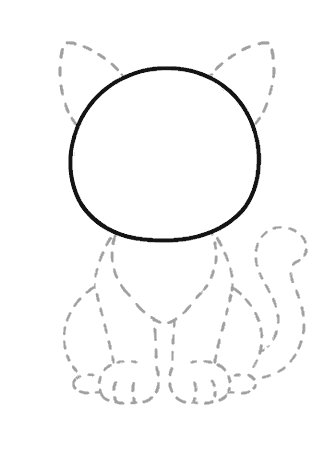 A large rounded cat head is drawn in black, with pale dotted guides showing ears above and the body below.