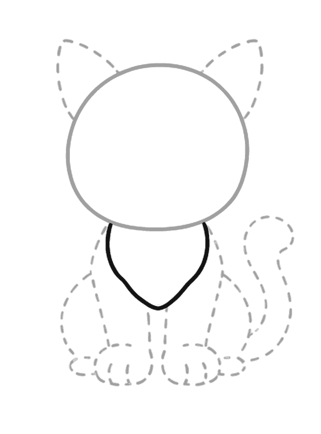 The head is now grey from the earlier step, and a black chest shape hangs below it like a rounded upside down leaf.