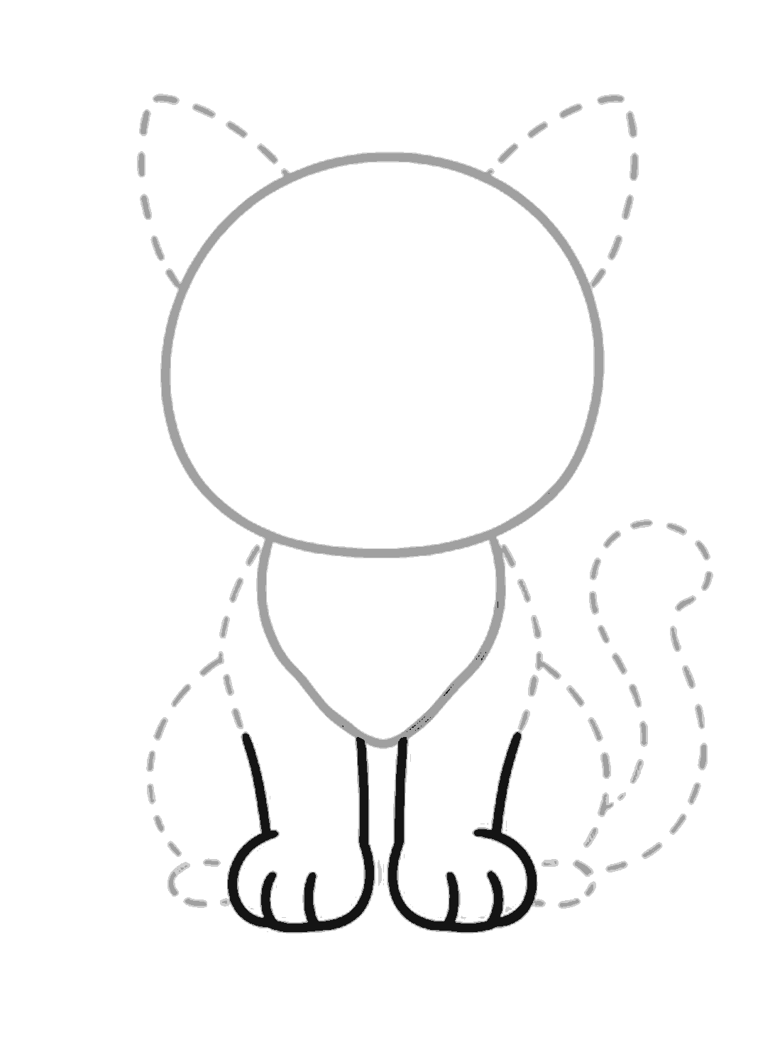 The chest is grey, and the black lines show two front legs and two large rounded paws with toe marks.