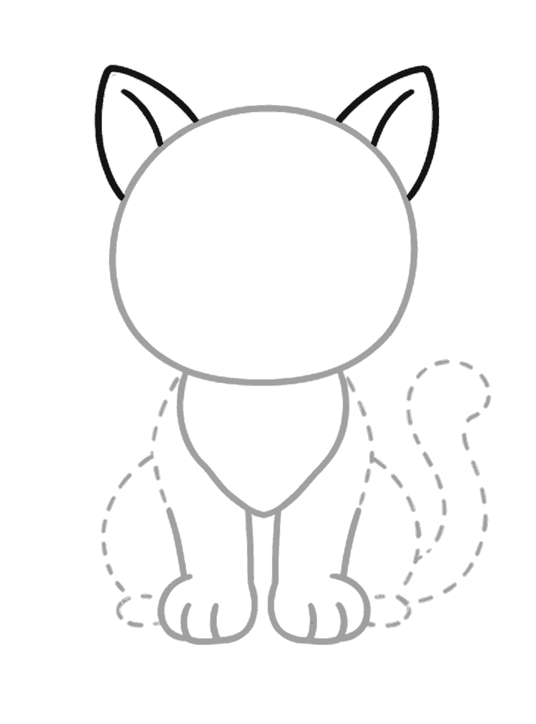 The front legs and paws are grey, and the black lines show two pointed ears with inner ear curves.