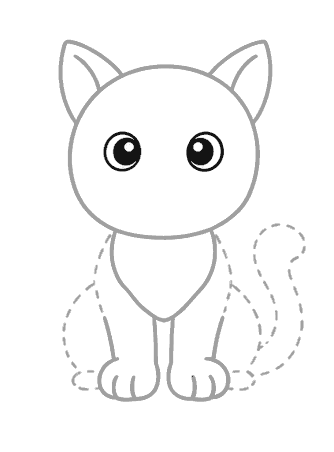 The head and ears are grey, and the black lines show two large shiny cartoon eyes in the cat's face.