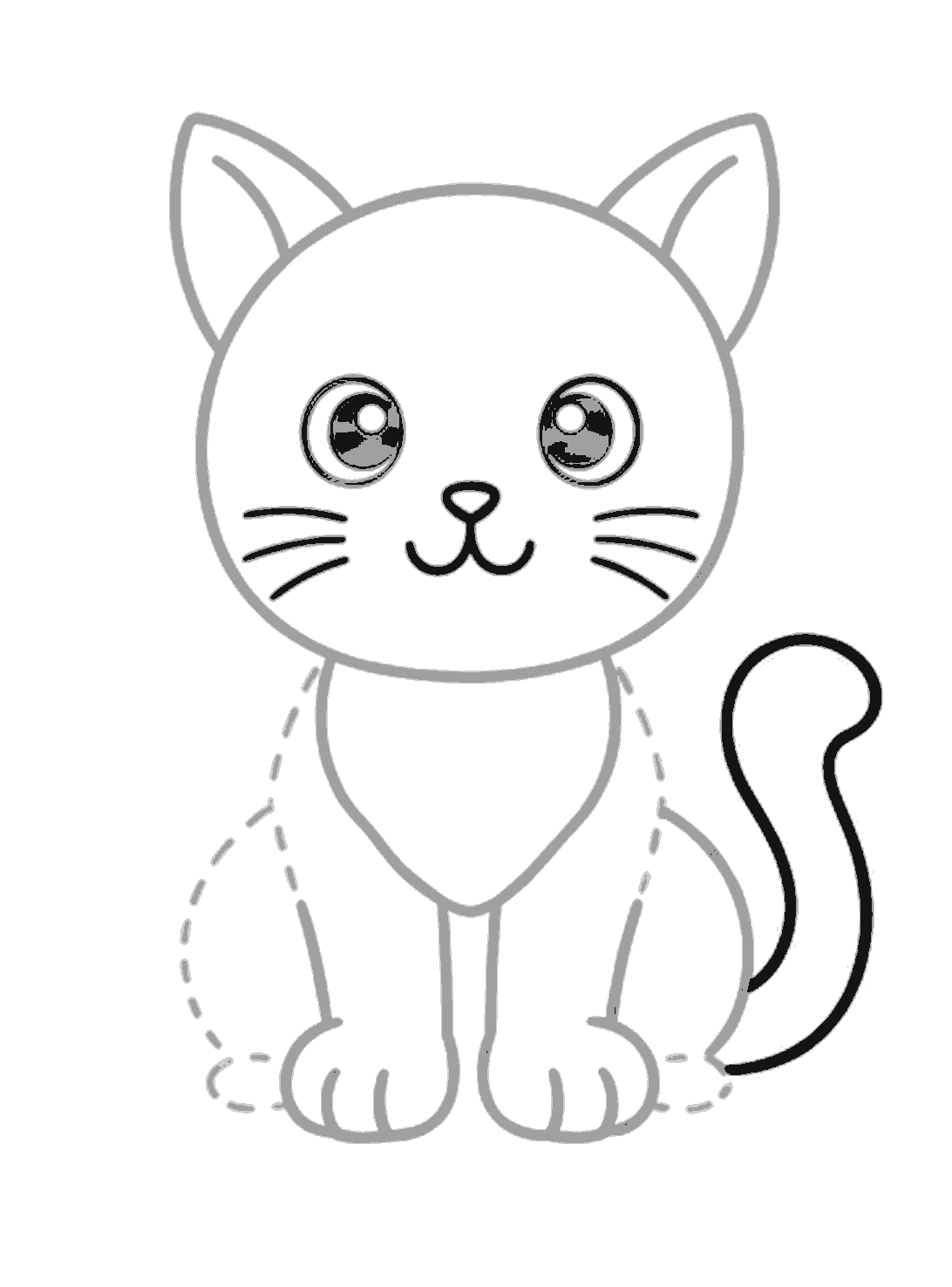 The face is grey, and the black lines show a tall curved tail on the right side of the cat.