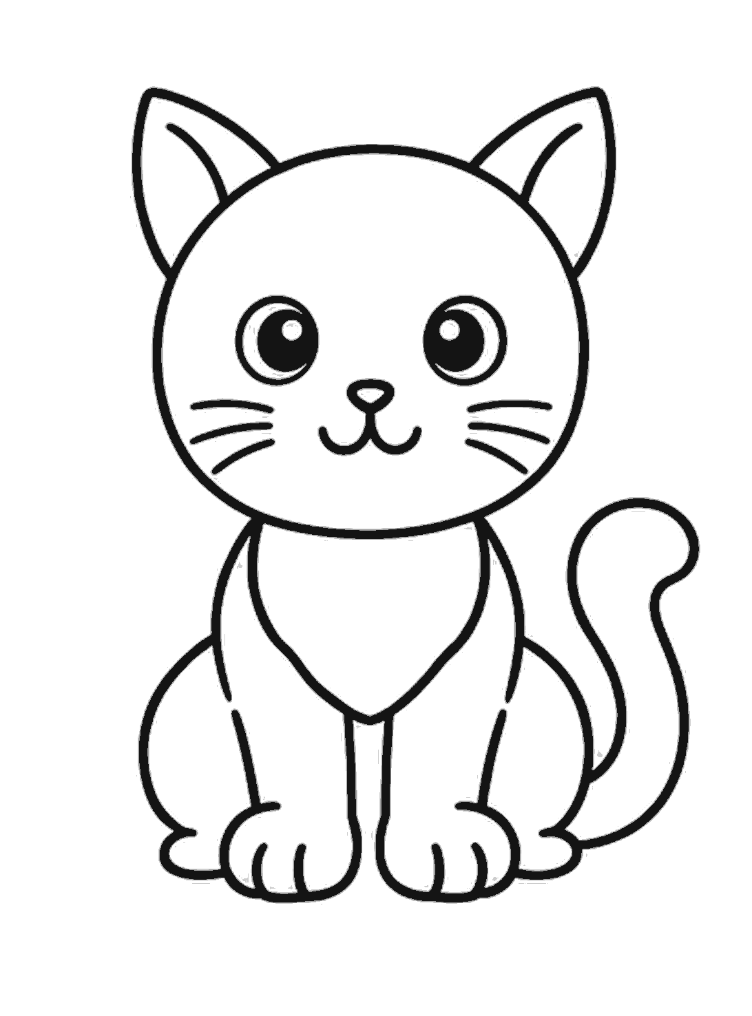 The finished cat has a large head, pointed ears, big eyes, whiskers, front paws, rounded body sides, and a curled tail, with the dotted guides removed.