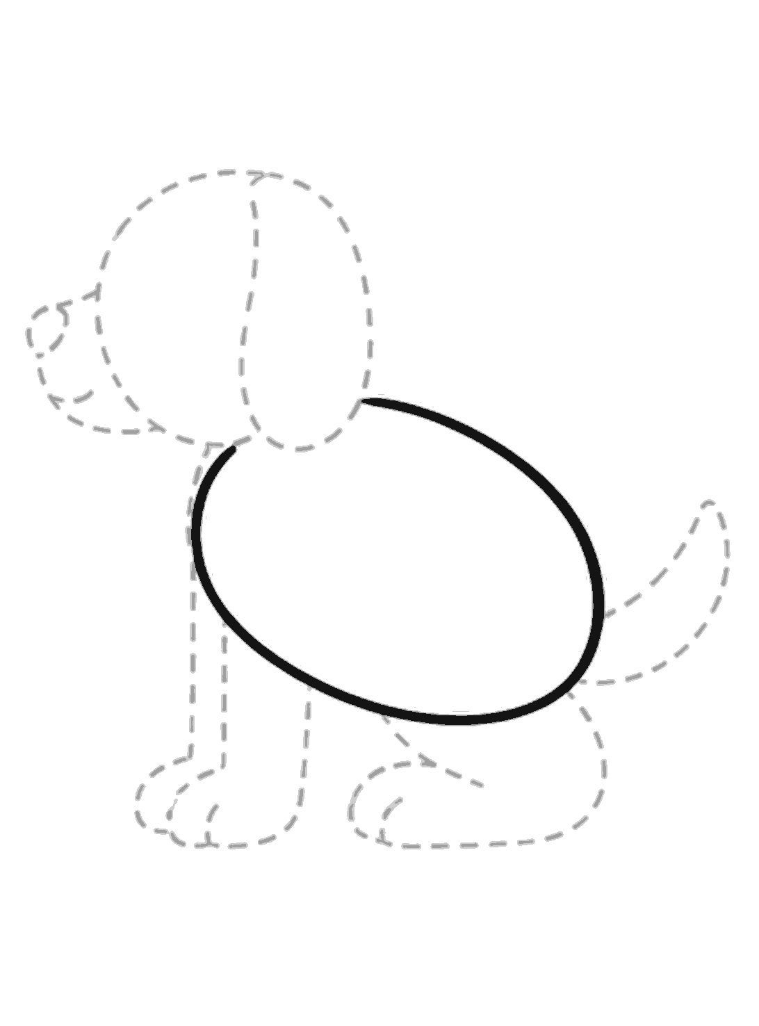 A large slanted oval is drawn in black in the center, over pale dotted guide shapes for a sitting dog.