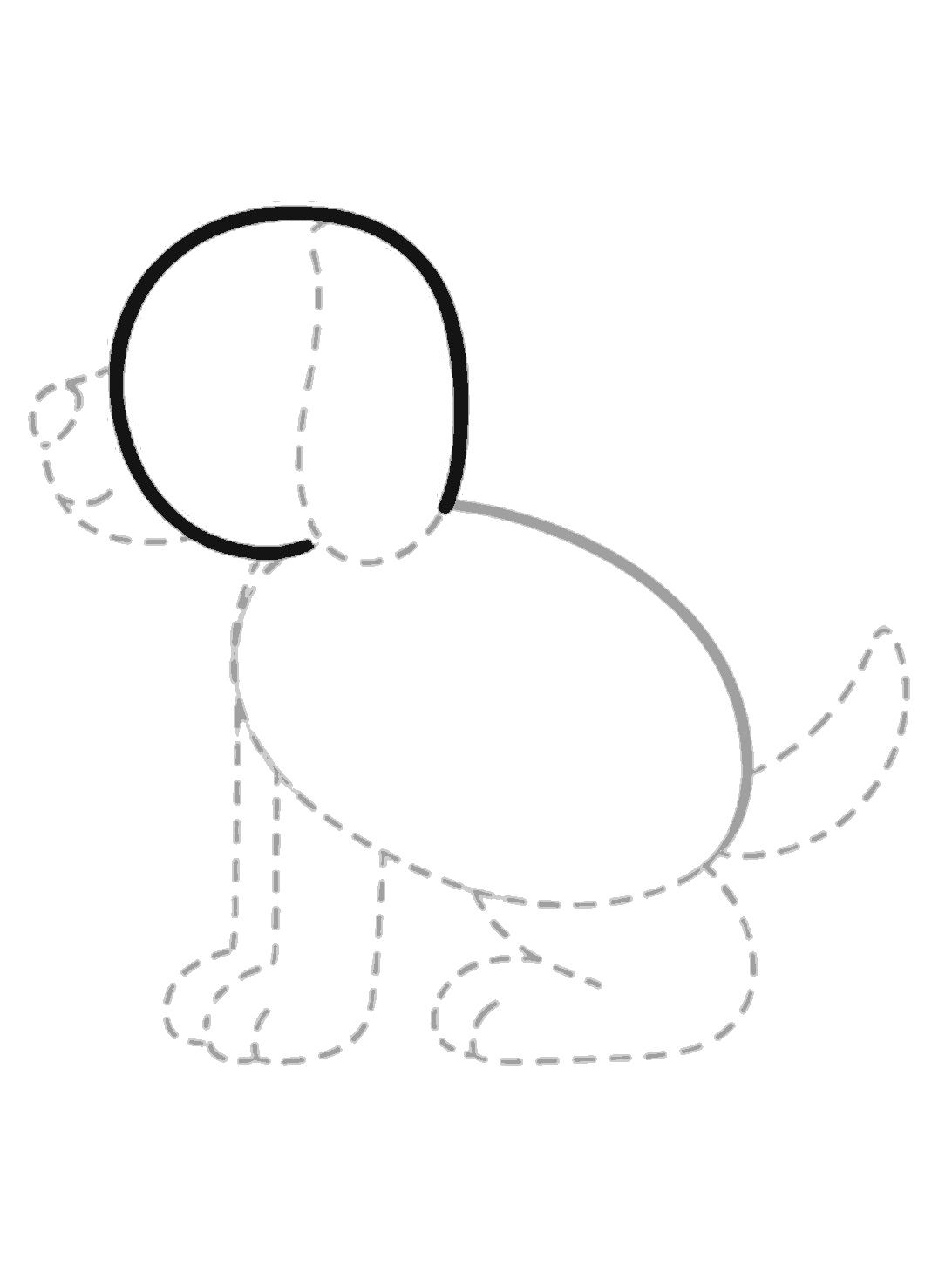 A round head is added in black at the upper left, connected to the front of the pale grey body oval.