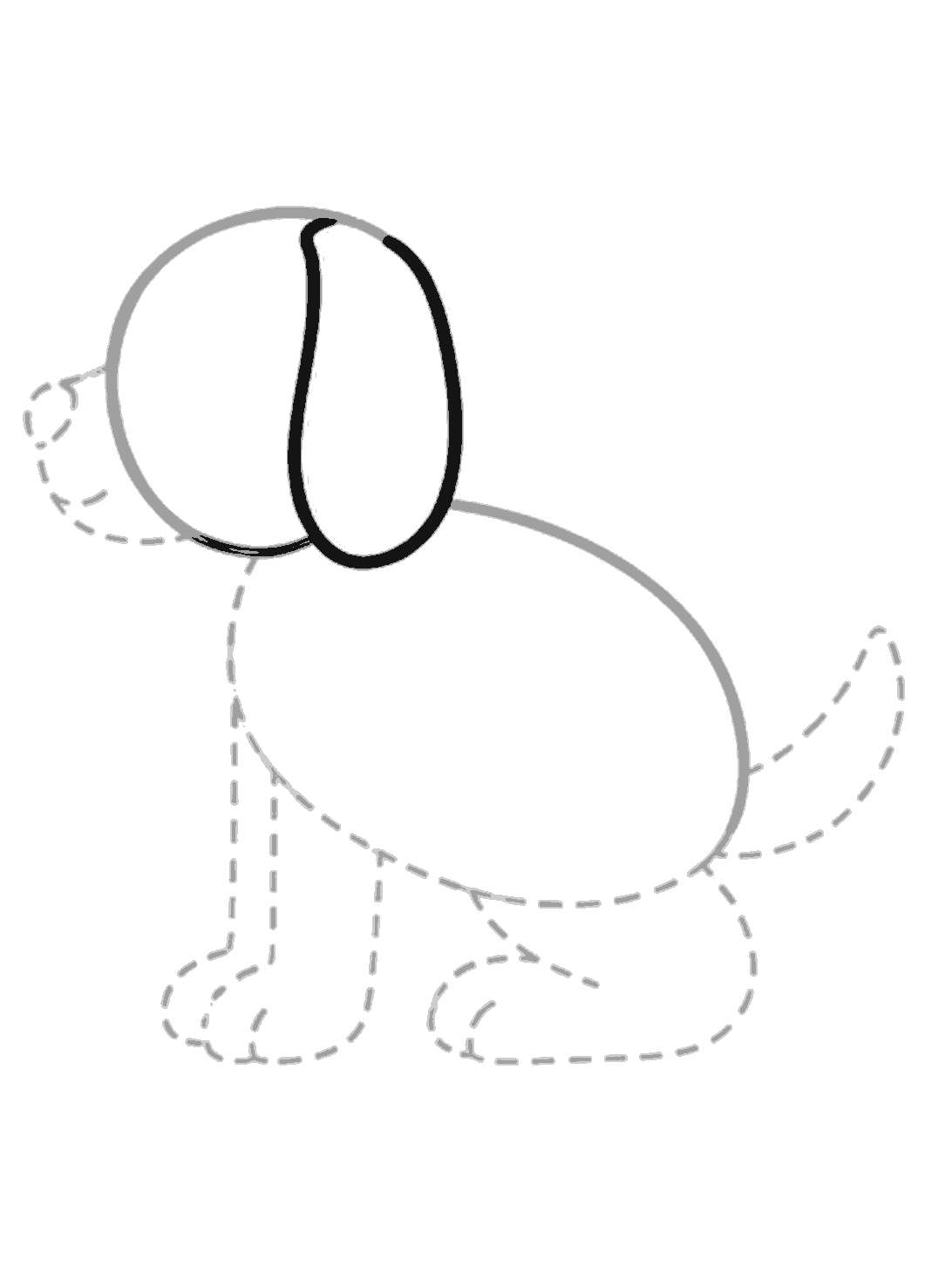 A long droopy ear shape is drawn in black inside the right side of the head circle.