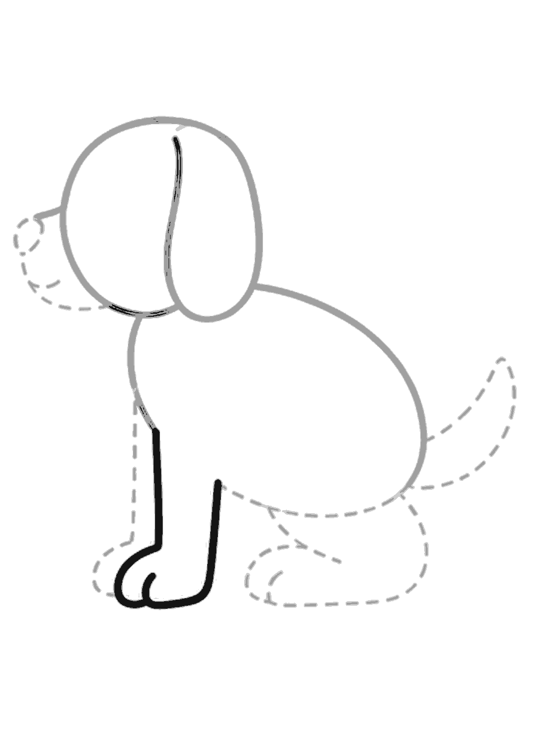 The front leg and paw are added in black under the head, with a rounded foot and one short toe curve.