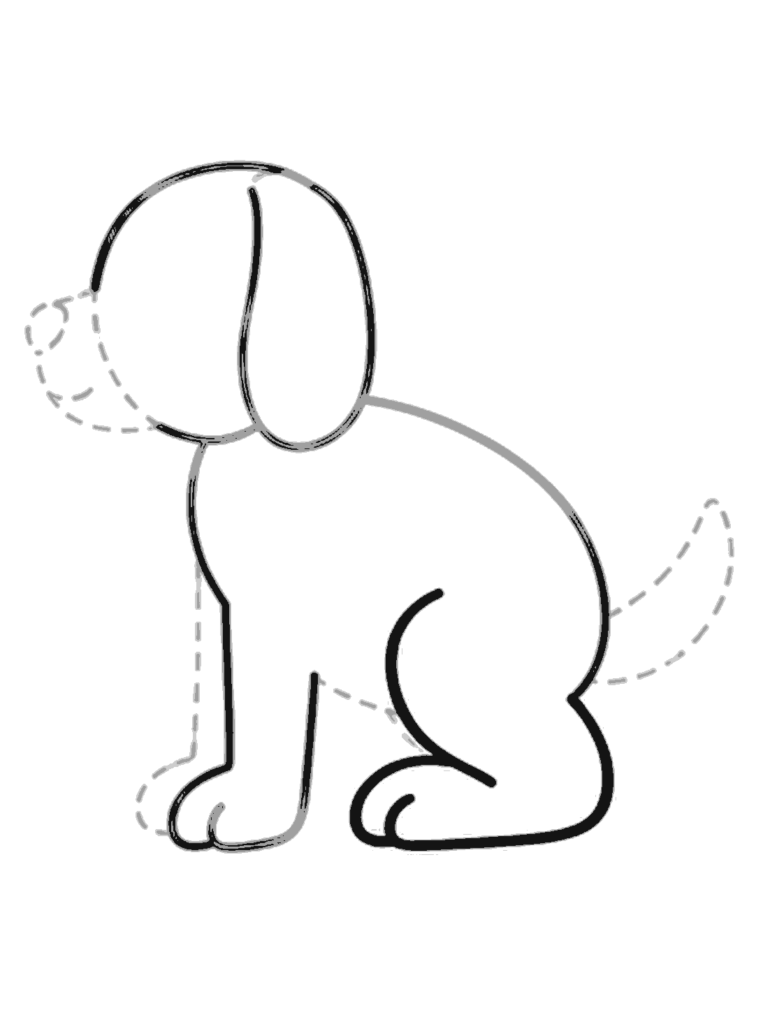 The dog's back, rump, back leg, back paw, belly, and a short inner front leg line are added in black.