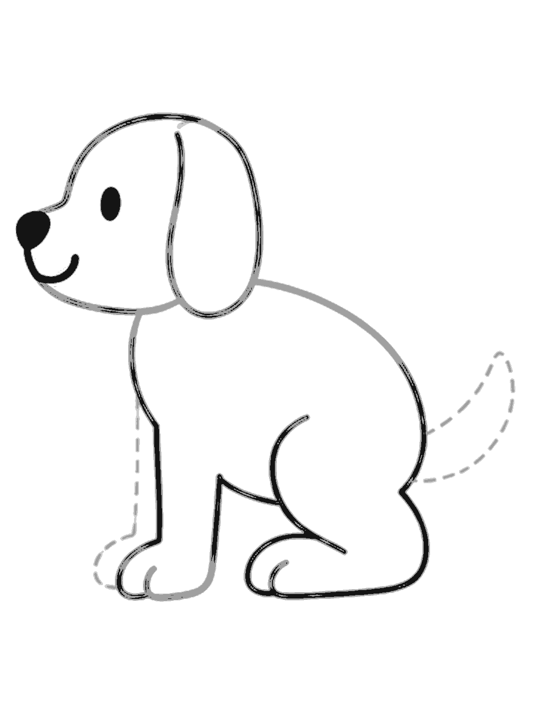 A dark oval nose, one oval eye, and a curved smile are added to the dog's face.