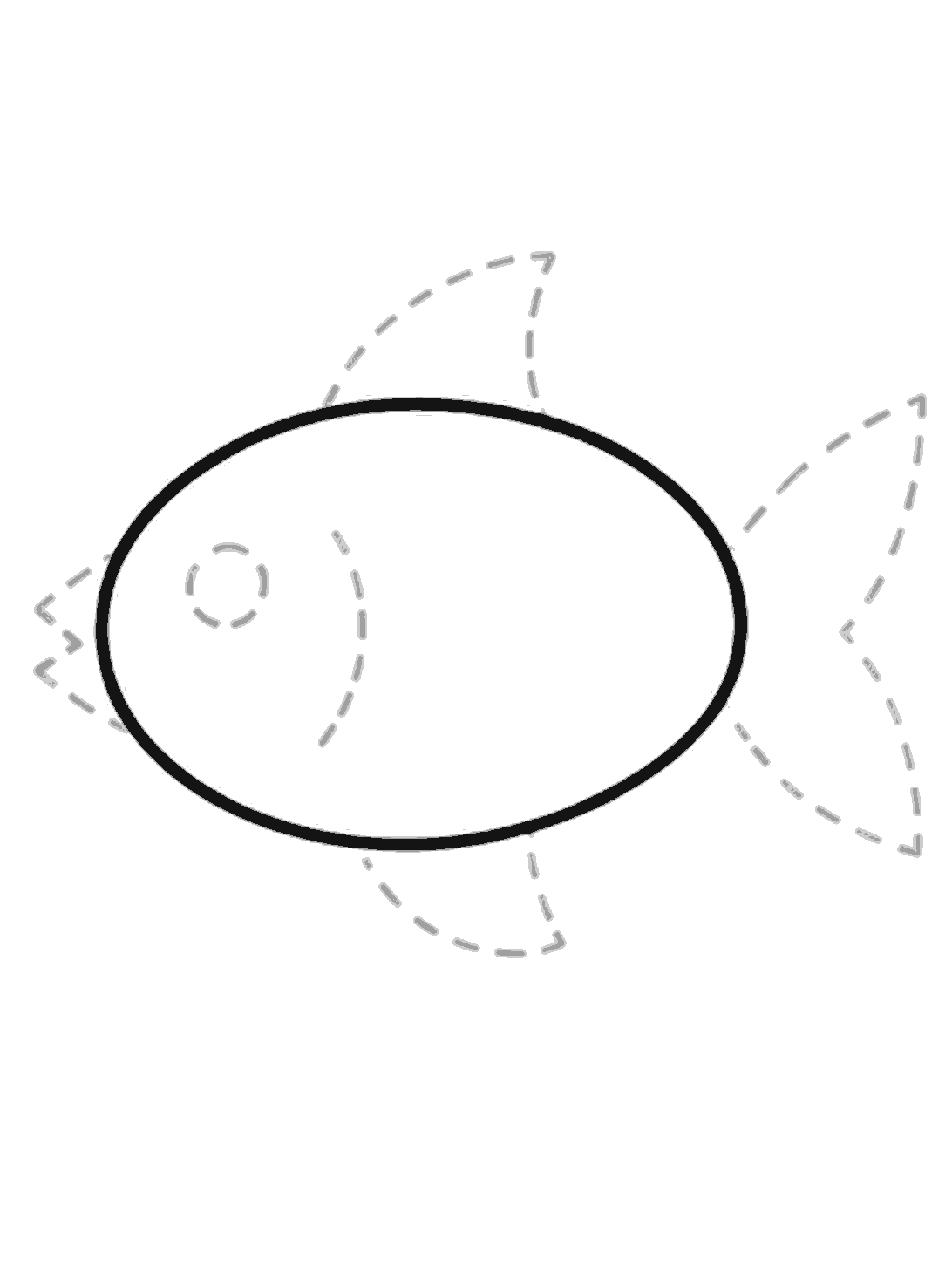 A large black oval sits in the middle of the page. Pale dotted guides show a small mouth shape on the left, a top fin, a bottom fin, a tail on the right, an eye circle, and a curved gill line.