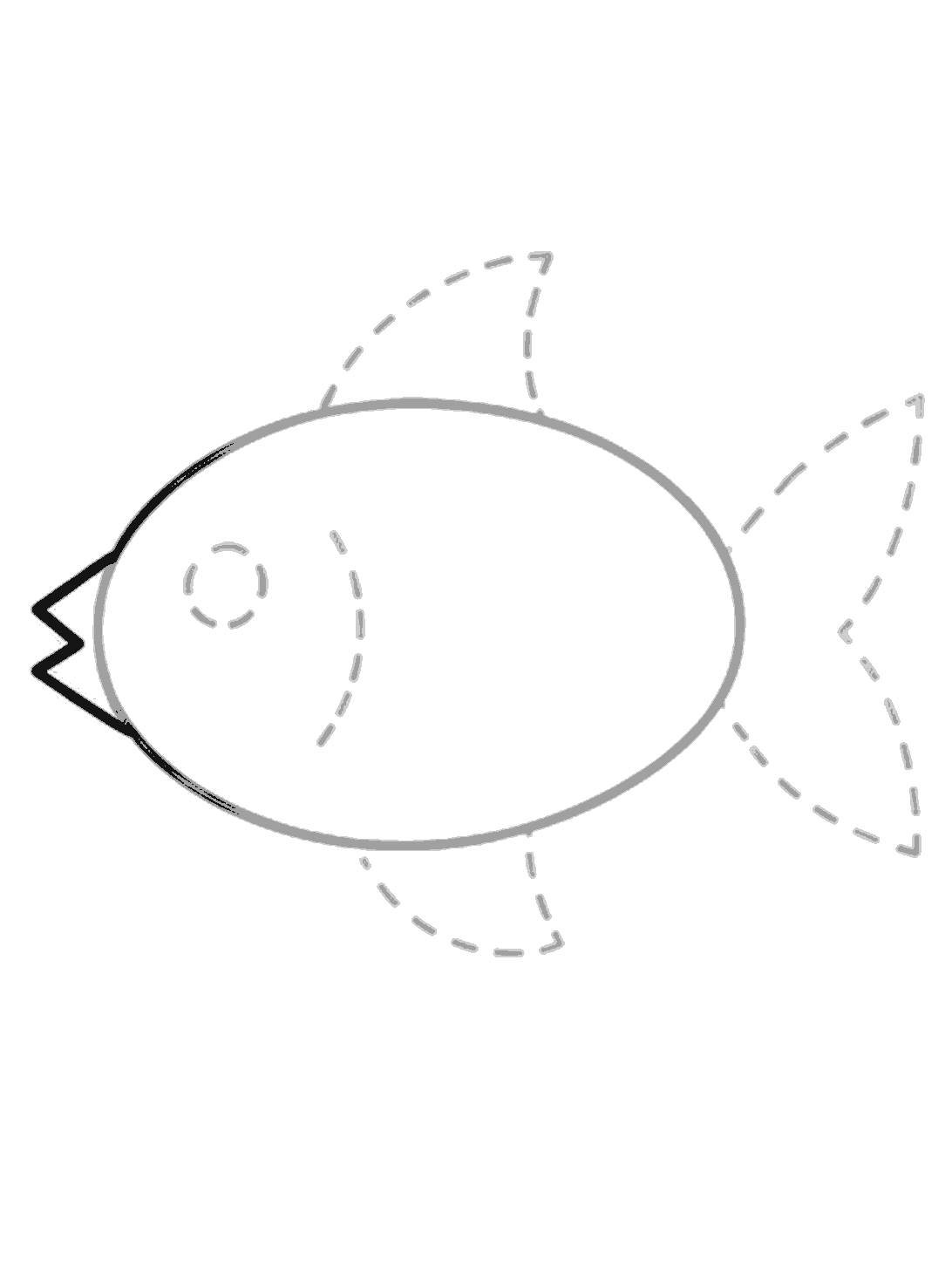 The fish now has a black pointed mouth on the left, made with two angled points. The oval body is grey from the earlier step, and the other fin and tail guides are still dotted.