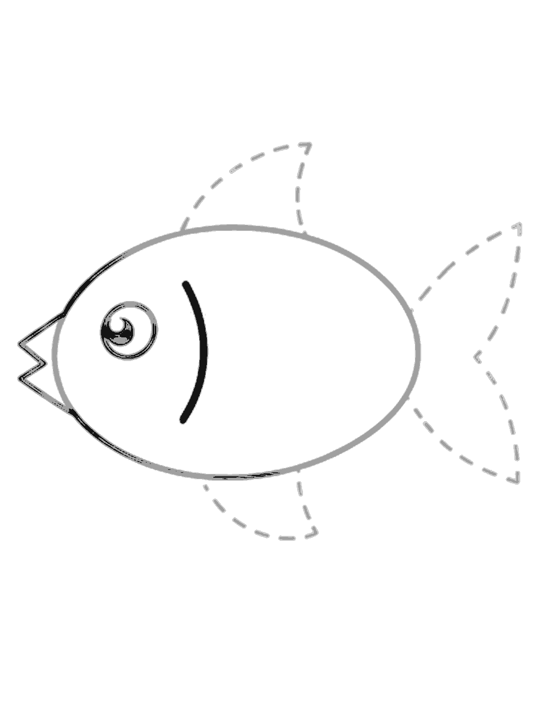 A thick black curved gill line is added behind the eye. The rest of the body stays the same, with dotted fin and tail guides still showing.
