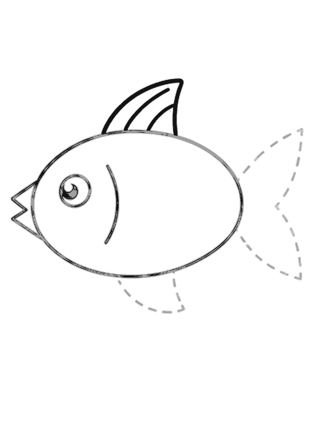 A pointed top fin is now drawn in black on the fish's back. Two curved black lines inside the fin show its detail.