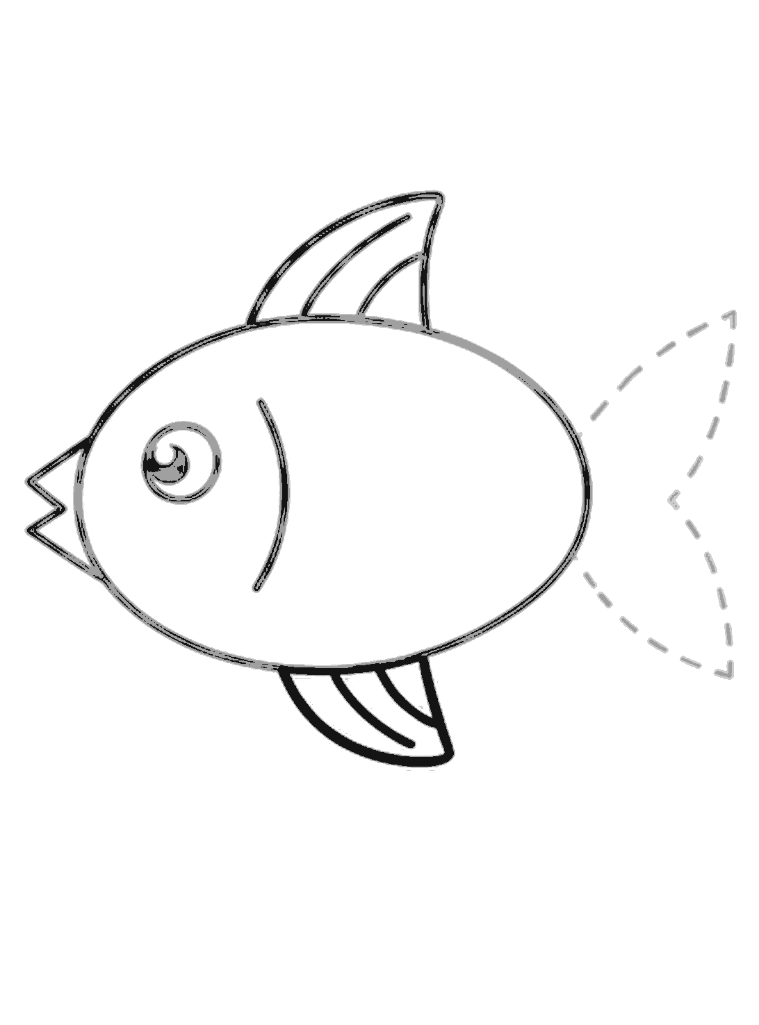 A matching bottom fin is now drawn in black under the fish. It also has two curved detail lines inside.