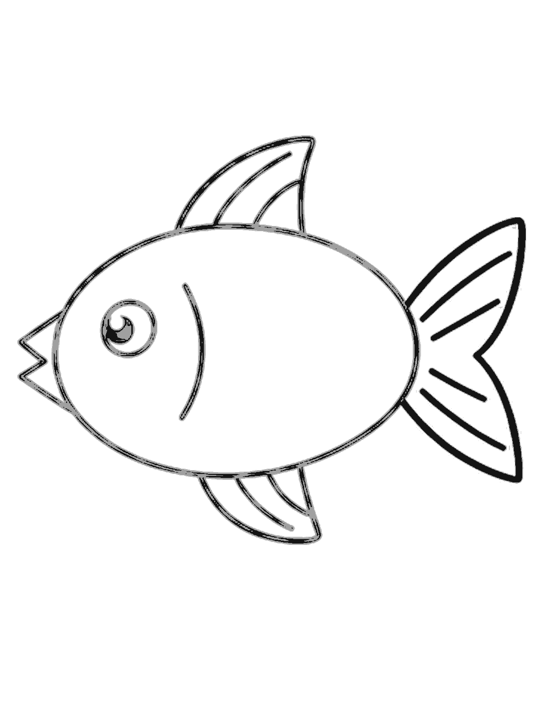 The fish now has a full tail on the right side with two pointed parts. Four black lines inside the tail show the fin texture.