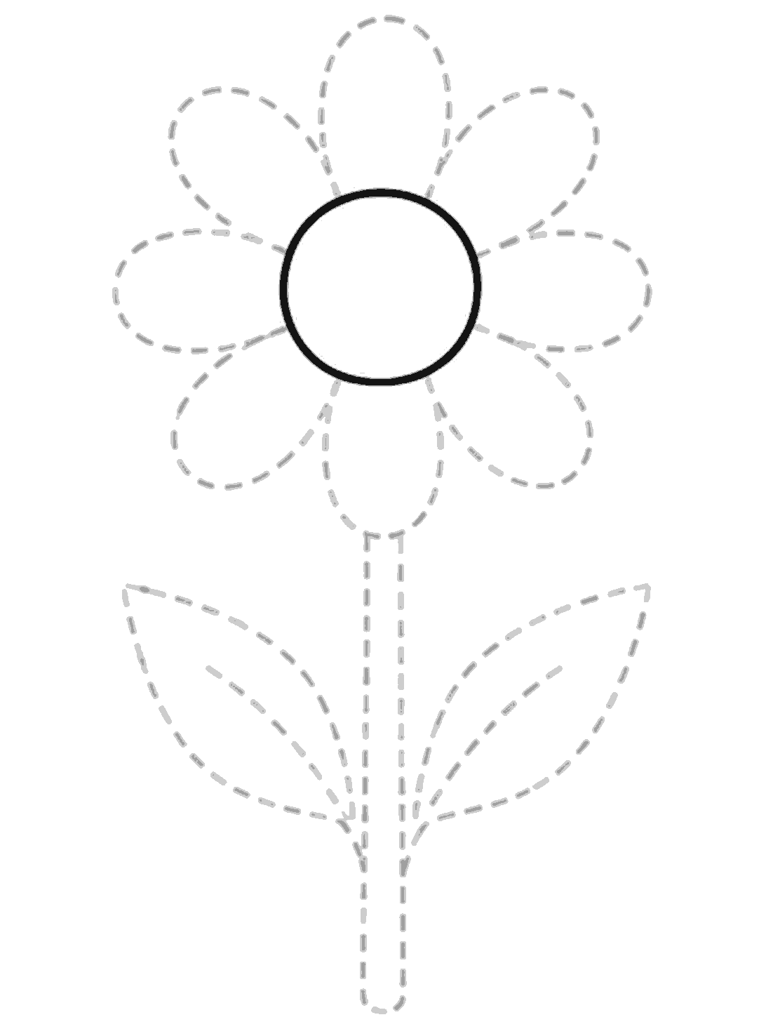 A flower guide drawing with dotted petals, stem, and leaves. A bold black circle is drawn in the center for the flower middle.