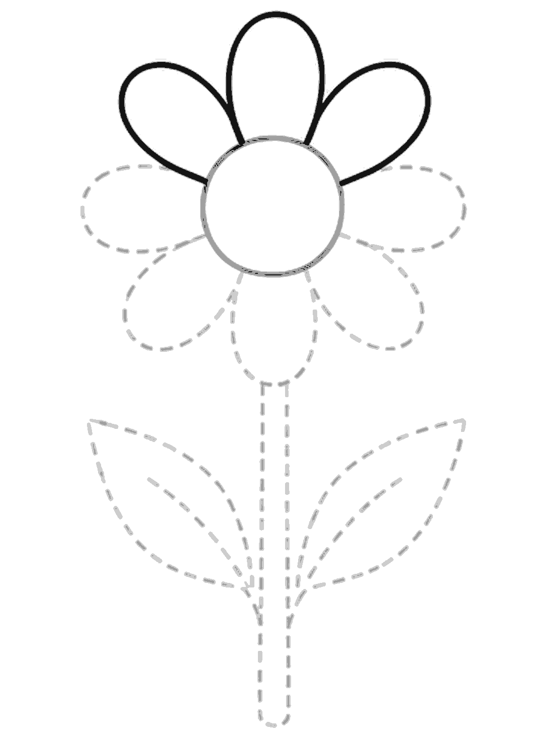The center circle is already drawn. Three black petals sit above it, one at the top and one on each upper side.